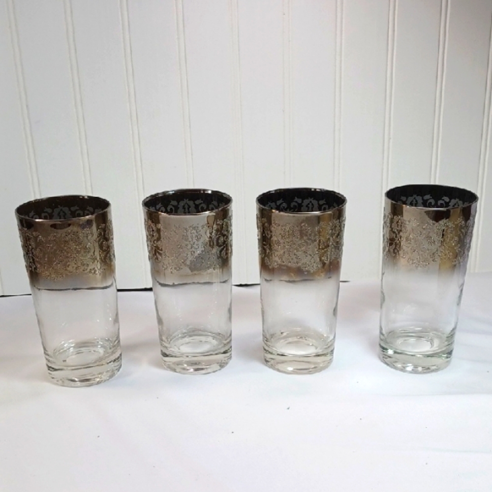 Dorothy Thorpe  Vintage Black Silver  Rimmed Grape Pattern Glasses 4 Rare